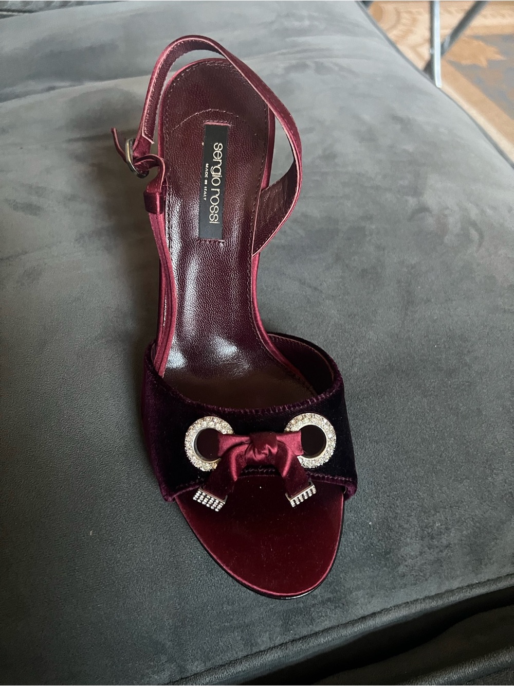 Sergio Rossi Burgundy Velvet Crystal-Embellished Slingback Heels
